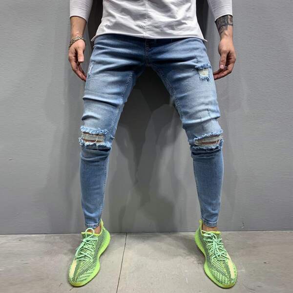 

Men Slant Pocket Ripped Skinny Jeans, Light wash