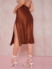 SHEIN BAE 緞面開衩大腿中長半身裙 - 鏽棕色 - 查看 2