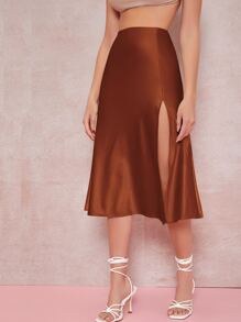 SHEIN BAE 緞面開衩大腿中長半身裙 - 鏽棕色 - 查看 4