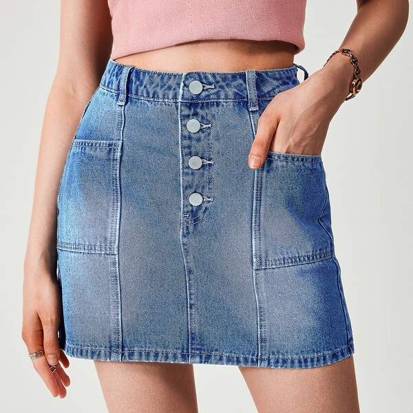 

Button Fly Patched Pocket Denim Skirt, Medium wash