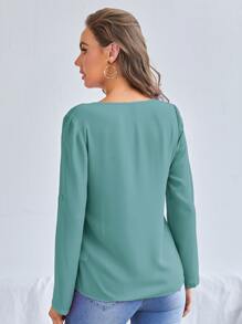 SHEIN Clasi V-neck Roll Tab Sleeve Solid Top - Mint Green - View 2