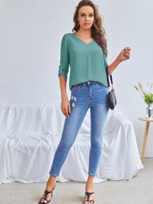 SHEIN Clasi V-neck Roll Tab Sleeve Solid Top - Mint Green - View 3