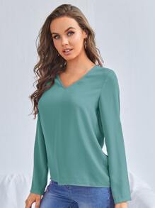 SHEIN Clasi V-neck Roll Tab Sleeve Solid Top - Mint Green - View 4