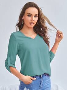 SHEIN Clasi V-neck Roll Tab Sleeve Solid Top - Mint Green - View 5