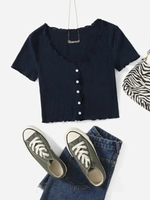 SHEIN Qutie Camiseta tejida de canalé ribete en forma de lechuga con botón delantero - Azul Marino - Ver 1