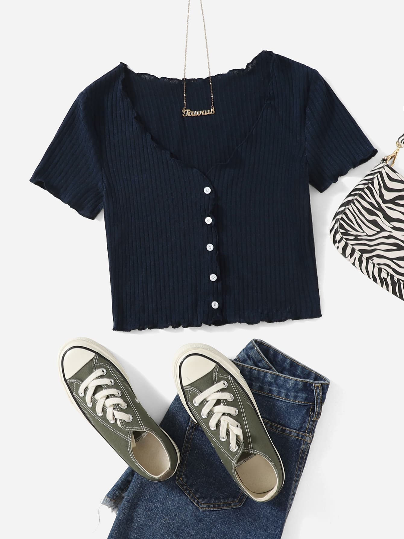 SHEIN Qutie Camiseta tejida de canalé ribete en forma de lechuga con botón delantero - Azul Marino - Ver 1