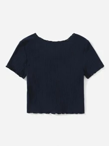 SHEIN Qutie Camiseta tejida de canalé ribete en forma de lechuga con botón delantero - Azul Marino - Ver 2