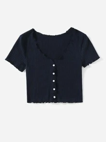 SHEIN Qutie Camiseta tejida de canalé ribete en forma de lechuga con botón delantero - Azul Marino - Ver 3