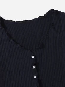 SHEIN Qutie Camiseta tejida de canalé ribete en forma de lechuga con botón delantero - Azul Marino - Ver 4