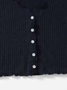SHEIN Qutie Camiseta tejida de canalé ribete en forma de lechuga con botón delantero - Azul Marino - Ver 5