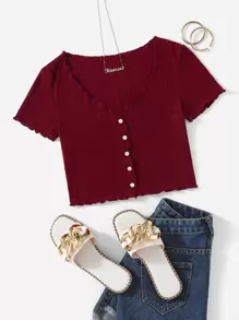 SHEIN EZwear Áo thun Xù nhỏ Gân đan Nút phía trước màu trơn Giải trí - Màu Đỏ Sâu - Xem 1