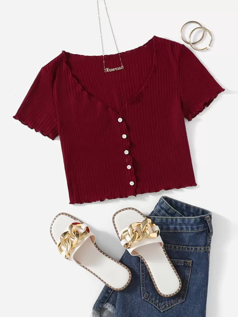 SHEIN EZwear Áo thun Xù nhỏ Gân đan Nút phía trước màu trơn Giải trí - Màu Đỏ Sâu - Xem 1