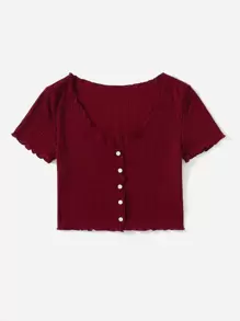 SHEIN EZwear Áo thun Xù nhỏ Gân đan Nút phía trước màu trơn Giải trí - Màu Đỏ Sâu - Xem 3