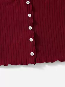 SHEIN EZwear Áo thun Xù nhỏ Gân đan Nút phía trước màu trơn Giải trí - Màu Đỏ Sâu - Xem 4