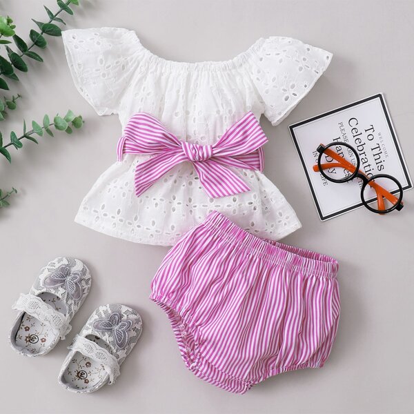 

Baby Girl Striped Belted Blouse With Shorts, Multicolor
