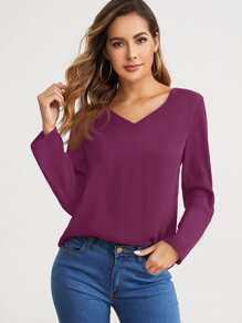 SHEIN Clasi V-neck Roll Tab Sleeve Solid Top - Purple - View 1