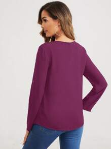 SHEIN Clasi V-neck Roll Tab Sleeve Solid Top - Purple - View 2