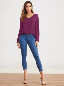 SHEIN Clasi V-neck Roll Tab Sleeve Solid Top - Purple - View 3