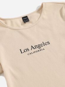 SHEIN EZwear 字母圖案羅紋針織連衣裙 - 卡其色 - 查看 3