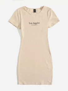 SHEIN EZwear 字母圖案羅紋針織連衣裙 - 卡其色 - 查看 5