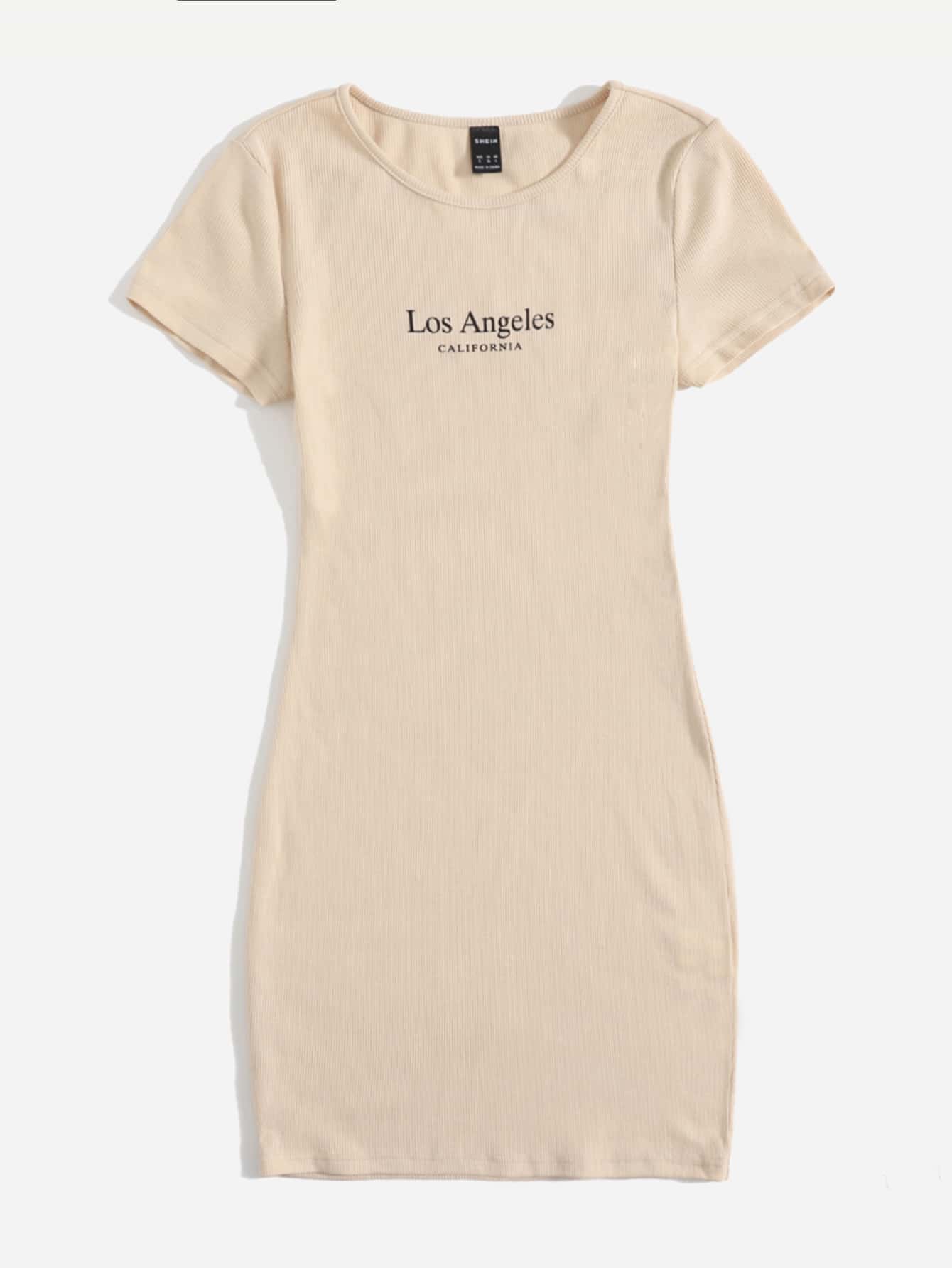 SHEIN EZwear 字母圖案羅紋針織洋裝 - 卡其色 - 查看 5