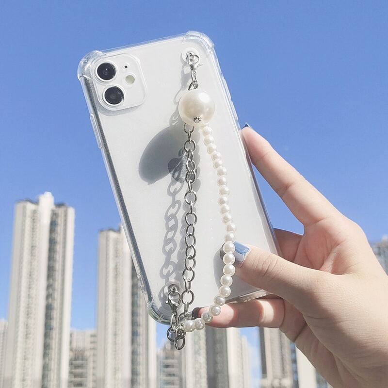 

Faux Pearl Beaded Hand Strap Phone Case, Clear