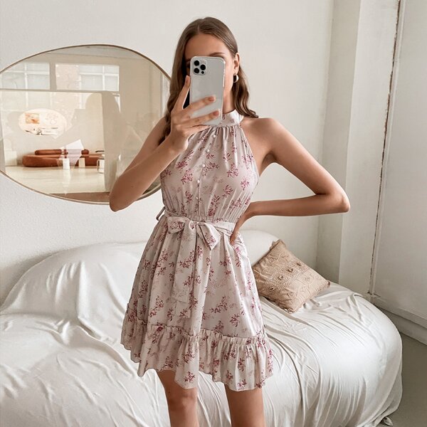

Allover Floral Print Self Belted Halter Dress, Multicolor