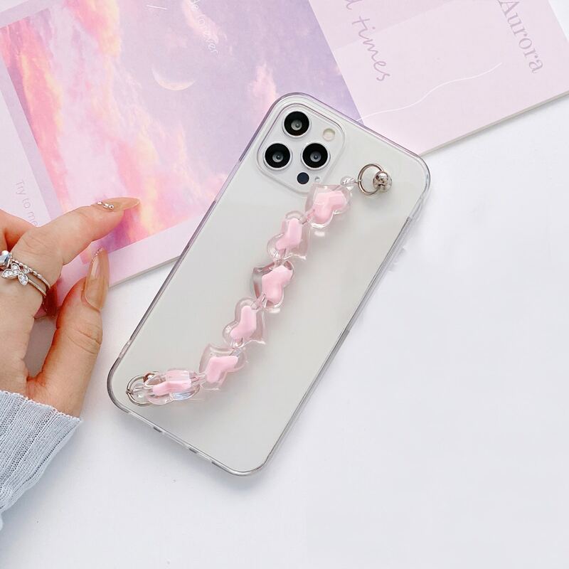 

Clear Phone Case With Heart Decor Hand Strap