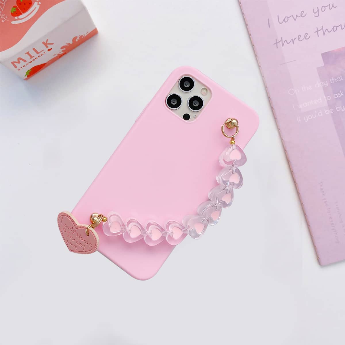 

Heart Decor Hand Strap Phone Case, Pink