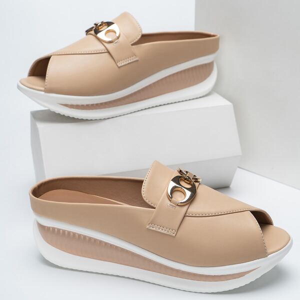 

Metal Decor Wedge Mules, Apricot