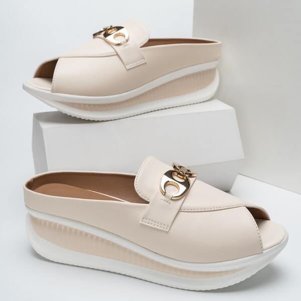 

Metal Decor Wedge Mules, Beige