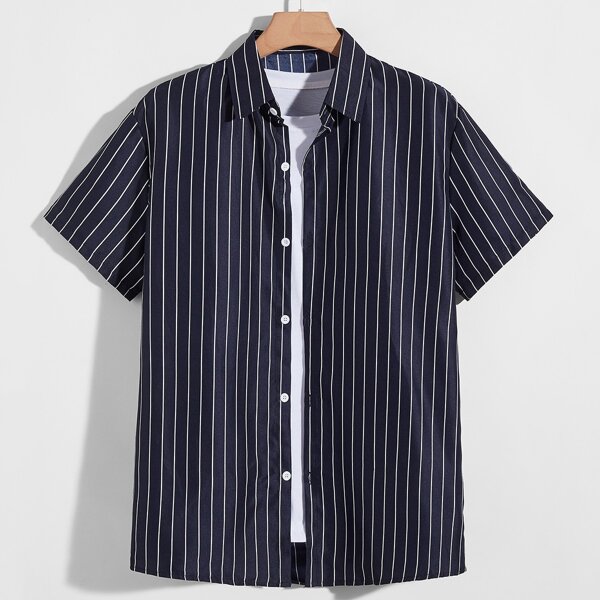 

Men Striped Print Button Up Shirt Without Tee, Navy blue