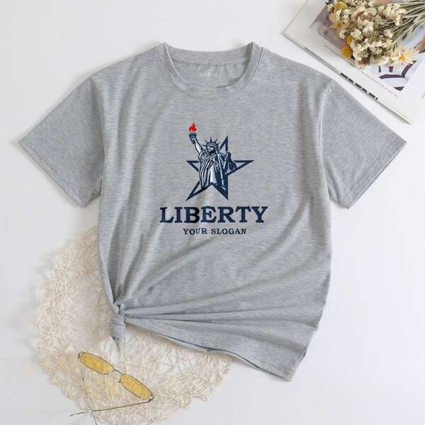 

Statue Of Liberty & Slogan Graphic Tee, Grey