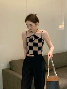 Checkered Keyhole Front Cami Top