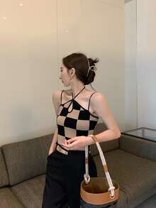 Checkered Keyhole Front Cami Top