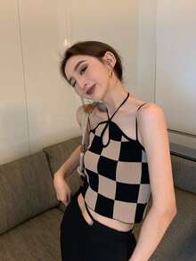 Checkered Keyhole Front Cami Top