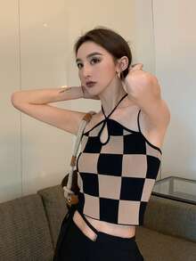 Checkered Keyhole Front Cami Top