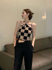 Checkered Keyhole Front Cami Top