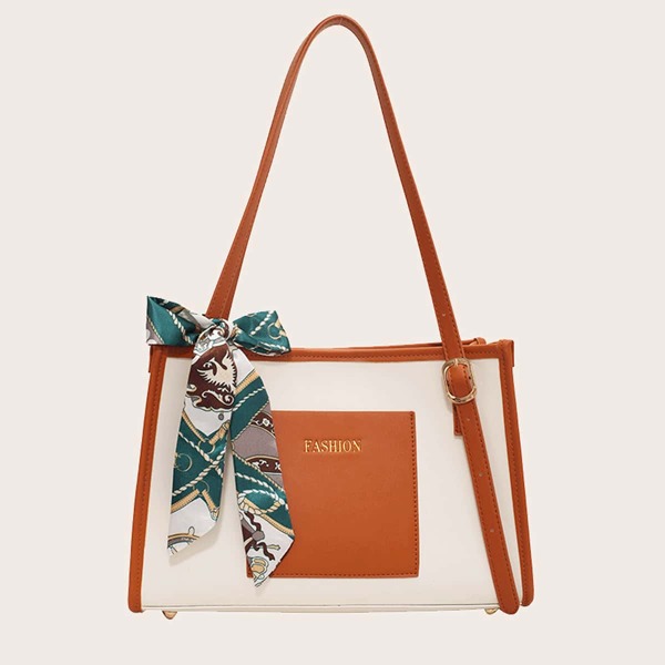 

Two Tone Scarf Decor Shoulder Tote Bag, Multicolor