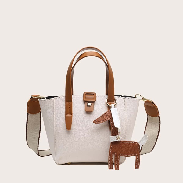 

Two Tone Buckle Decor Satchel Bag With Bag Charm, White