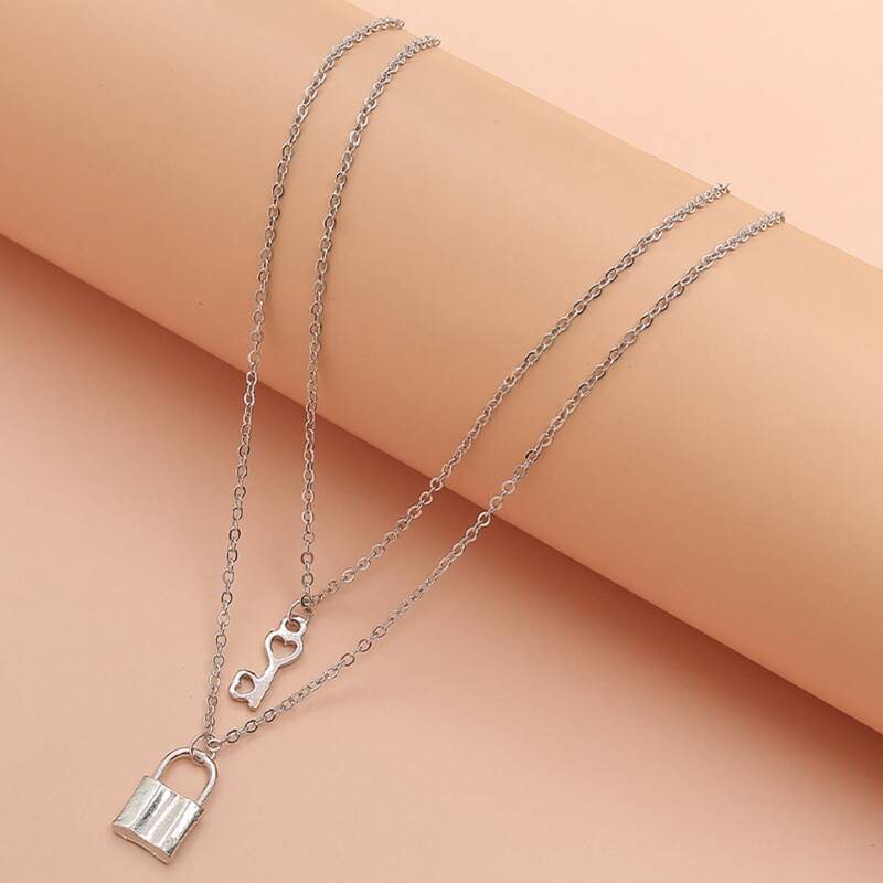 

2pcs Lock & Key Pendant Necklace, Silver