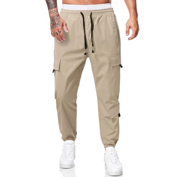 

Men Drawstring Waist Cargo Pants, Khaki