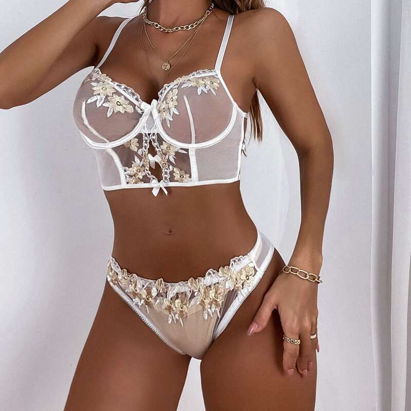 

Embroidered Mesh Underwire Lingerie Set, White
