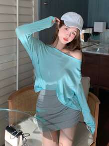 Draped Open Back Oversized Tee - Mint Blue - View 1