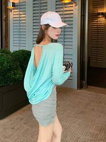Draped Open Back Oversized Tee - Mint Blue - View 2