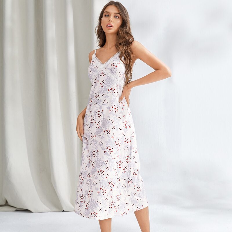 

Floral Print Lace Detail Cami Night Dress, White