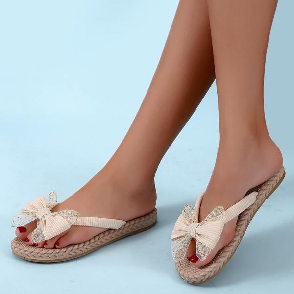 

Bow Decor Thong Sandals, Beige