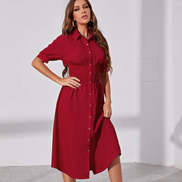 

Shirred Waist Puff Sleeve Shirt Dress, Red