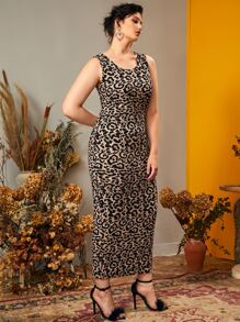 Modelyn Plus Leopard Scoop Neck Sleeveless Fitted Dress - Multicolor - View 4