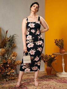 SHEIN Clasi Plus Floral Print Split Hem Cami Bodycon Dress - Multicolor - View 3